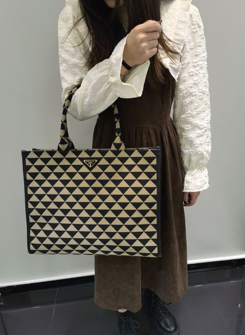 Prada Large Symbole Embroidered Fabric Handbag 1BA356 Black/Beige