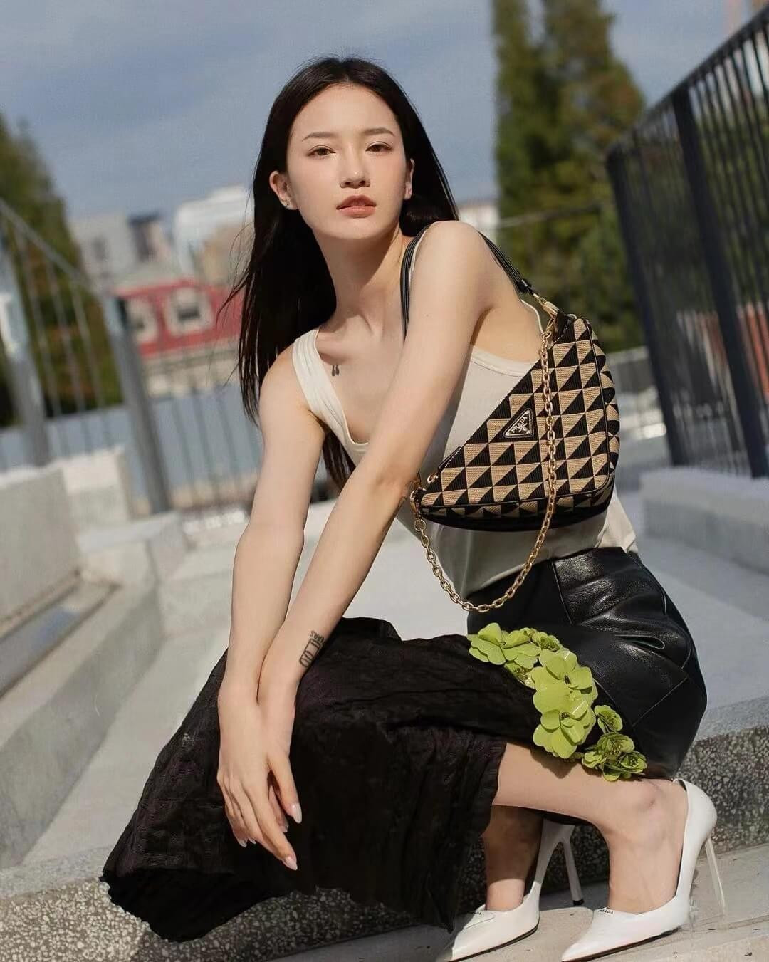 Prada Symbole Leather and Fabric Mini Bag 1BC176 Black/Beige