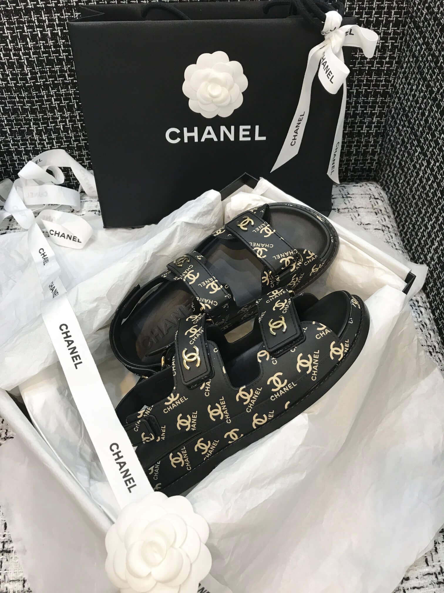 Chanel Velcro Sandals G31848 Black/Gold