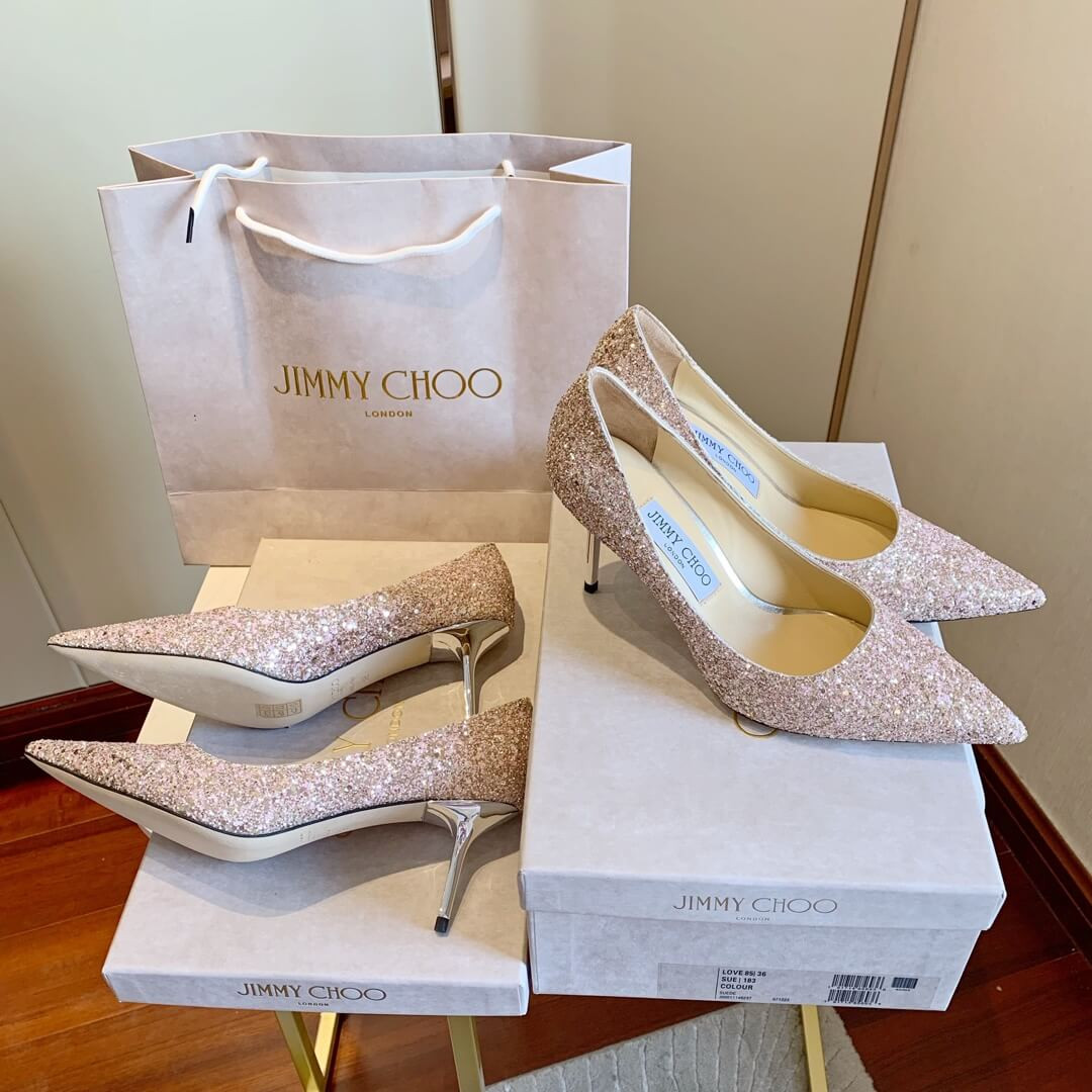 Jimmy Choo Pink Gold Romy Glitter Fabric Pointy Toe Pumps 120011