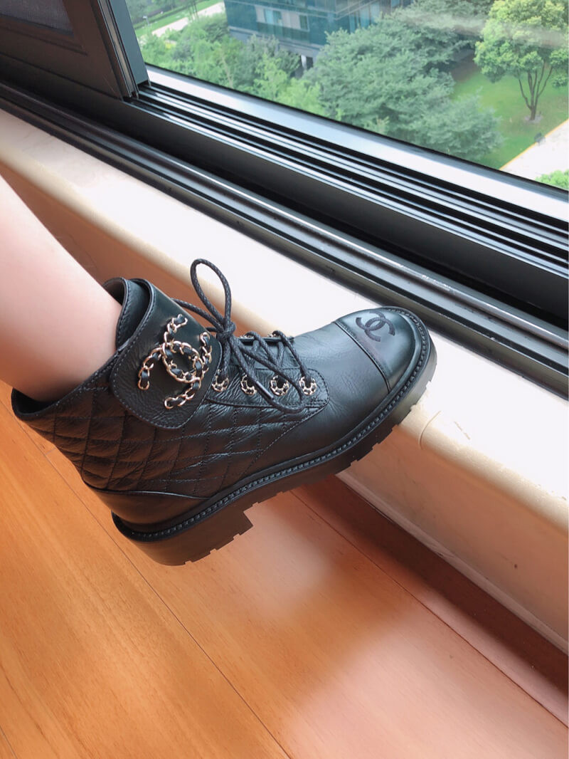 Chanel Black Quilted Gold CC Logo Chain Combat Lace Up Boots G36424