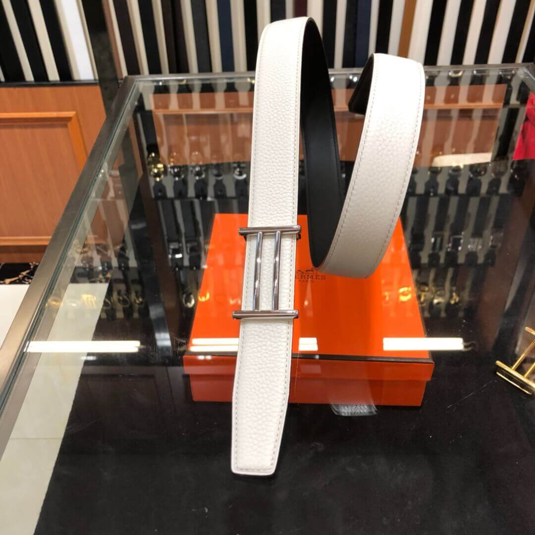 Hermes Rider Belt Buckle & Reversible Leather Strap 32mm H075372 White/Black