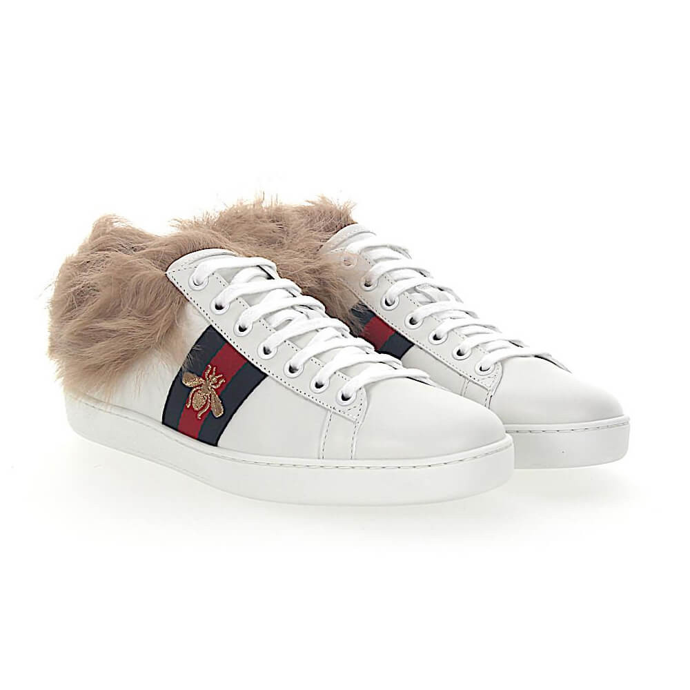 Gucci Ace Sneakers Leather White Stripes Bees Gold Lamb Fur 428715