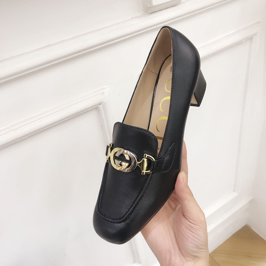 Gucci Zumi Leather Mid-Heel Loafer 575832 Black