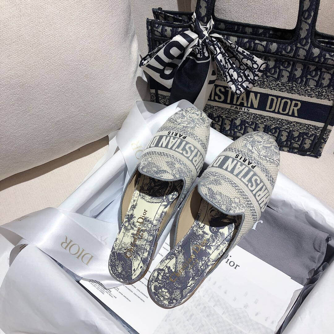 Christian Dior Off Toile De Jouy Canvas Embroidered Cotton Mule KCB608