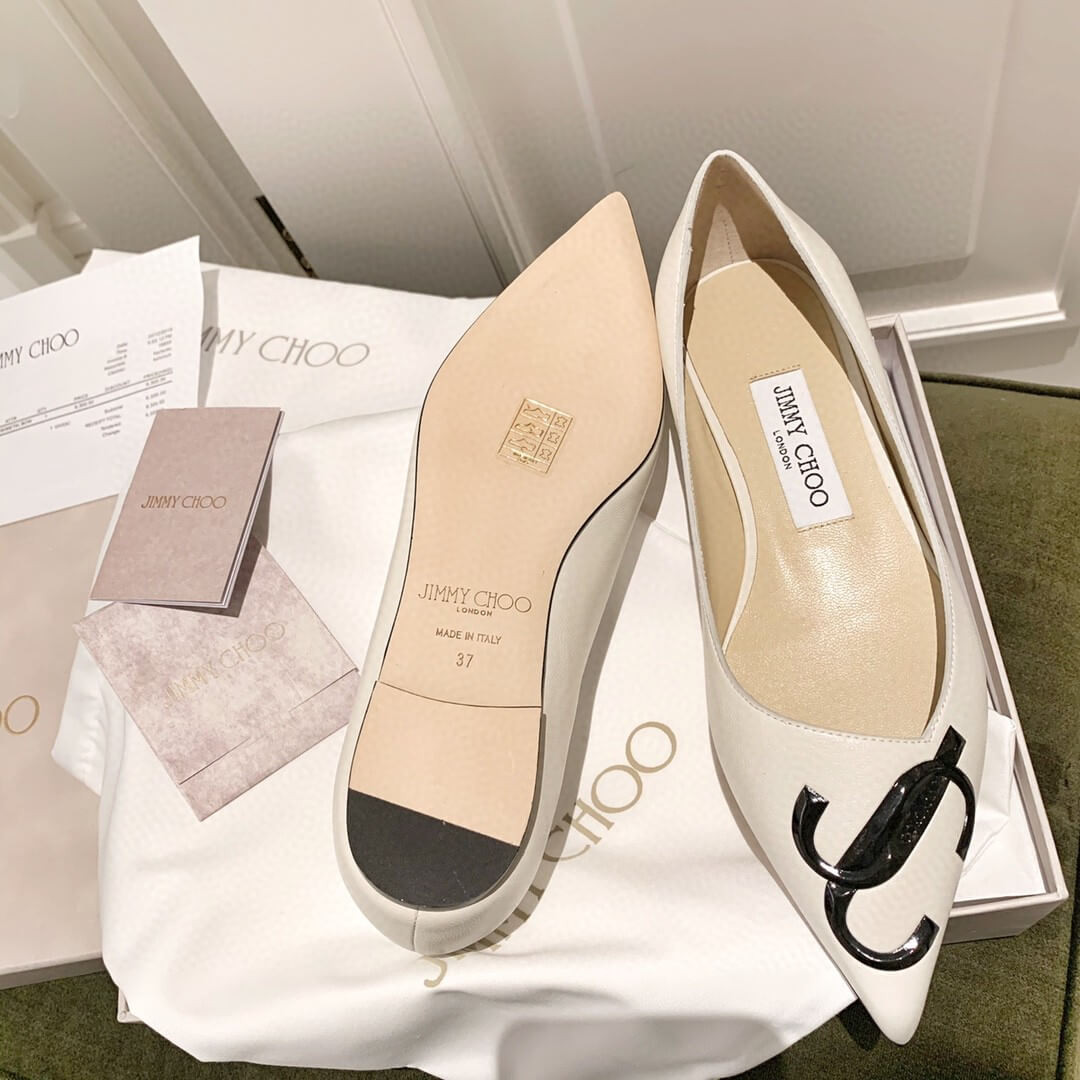 Jimmy Choo Love Flats Leather Pumps In White and Black Logo 231161