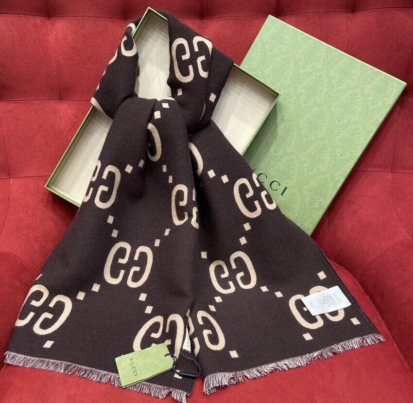 Gucci GG Jacquard Wool Silk Scarf 495592a