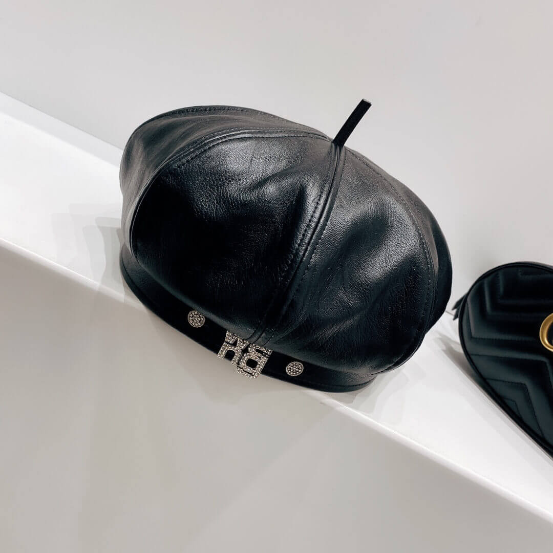 Alexander Wang Leather With Crystal Logo Beret Hat 1305