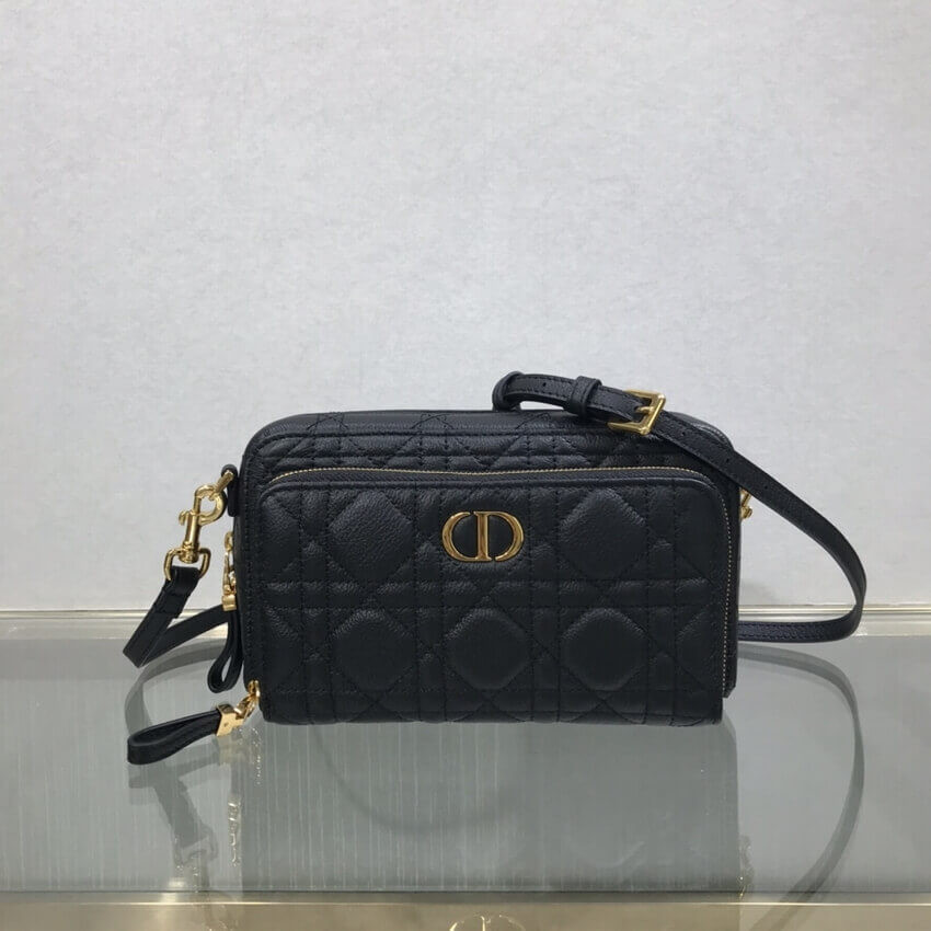 Dior Caro Double Pouch Black Supple Cannage Calfskin M9237