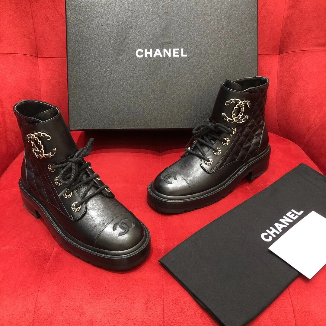 Chanel Black Quilted Leather Lace Up Boots