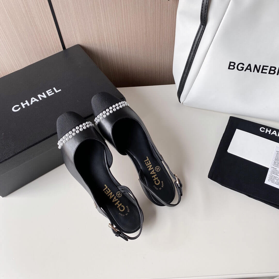 Chanel Pearl Embellished CC Cap Toe Flat Slingbacks 36125