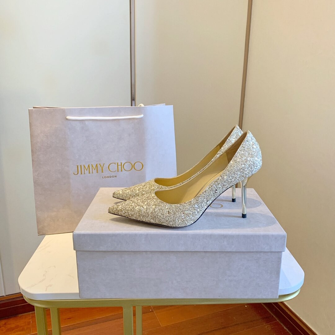Jimmy Choo Gold Romy Glitter Fabric Pointy Toe Pumps 120011