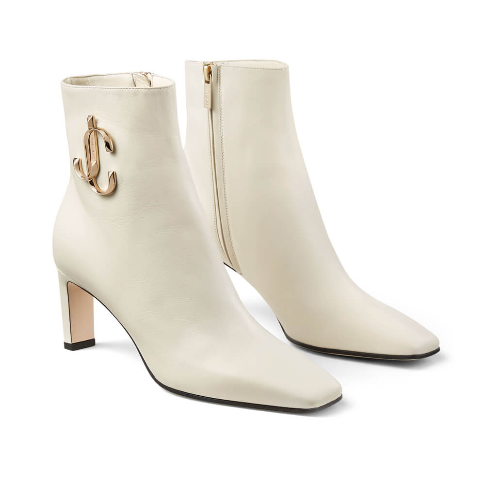 Jimmy Choo Latte Calf Leather Ankle Bootie with Gold JC Logo 80258