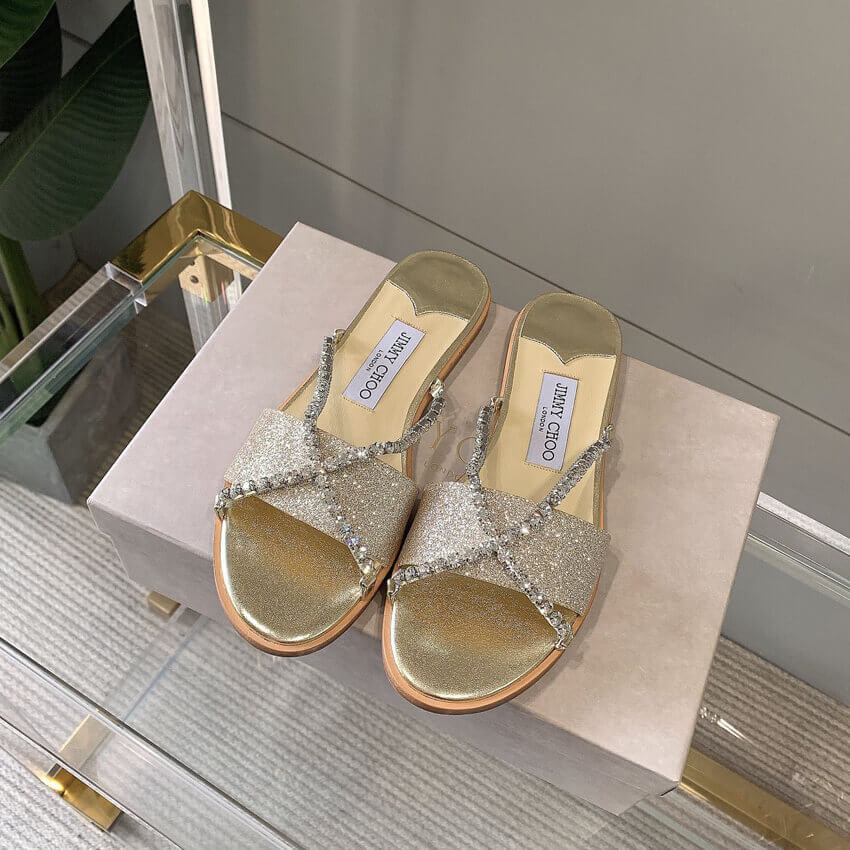 Jimmy Choo Aadi Platinum Ice Dusty Glitter Flats With Crystal Chain C6137