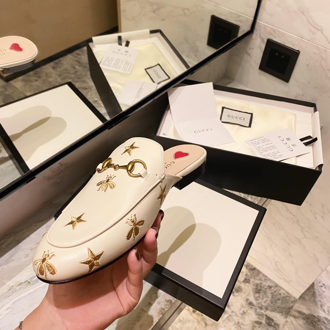 Gucci Princetown Embroidered Leather Slipper 505268 White