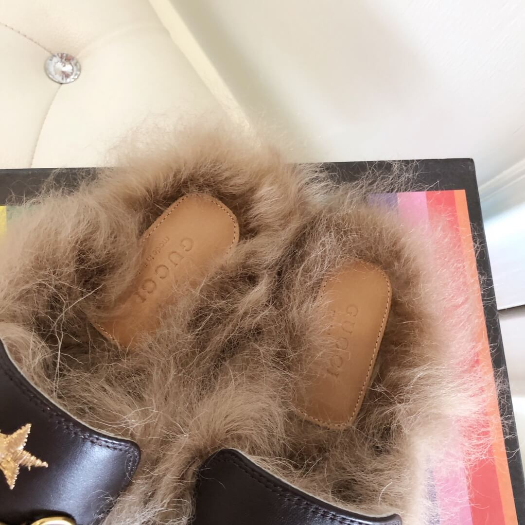 Gucci Princetown Bees and Stars Embroidered Fur Slipper Mules 448653