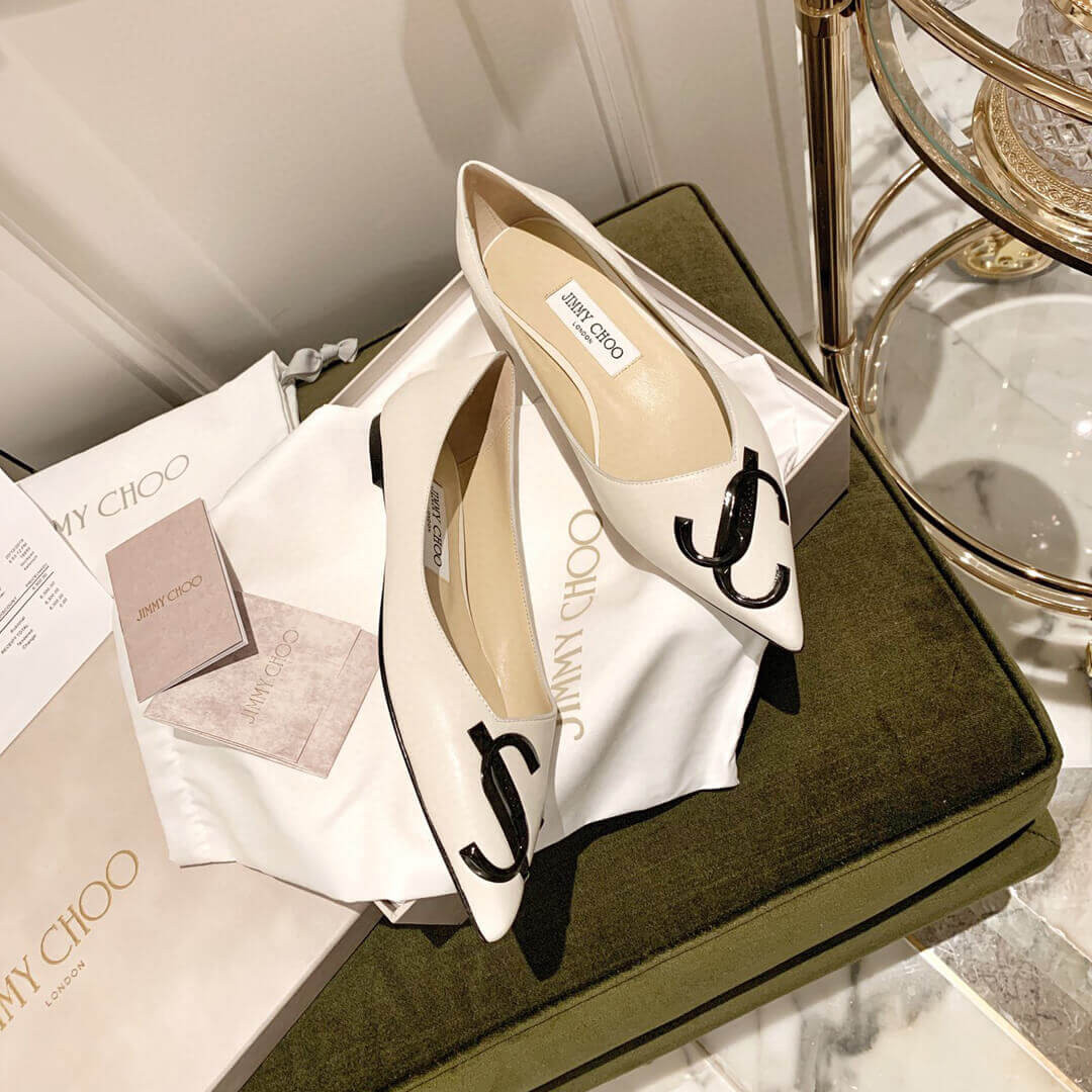 Jimmy Choo Love Flats Leather Pumps In White and Black Logo 231161