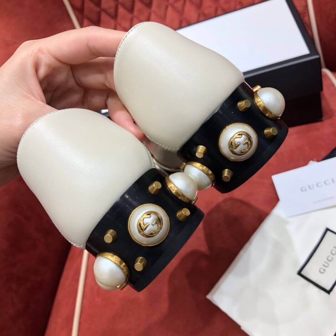 Gucci Calfskin Web Pearl Embellished Mid-Heel Loafer 423559