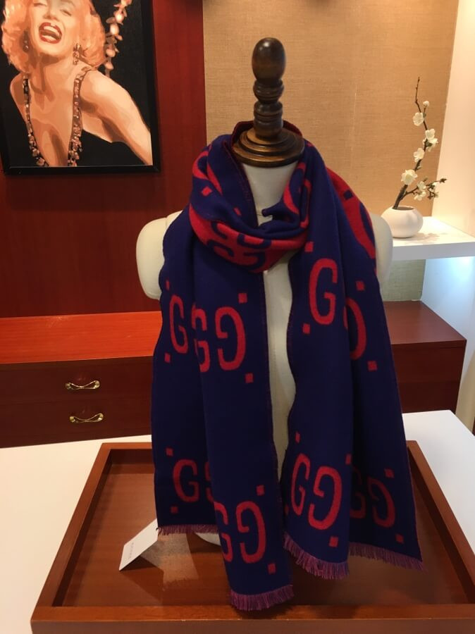 Gucci GG Jacquard Wool Silk Scarf 495592 Blue/Red