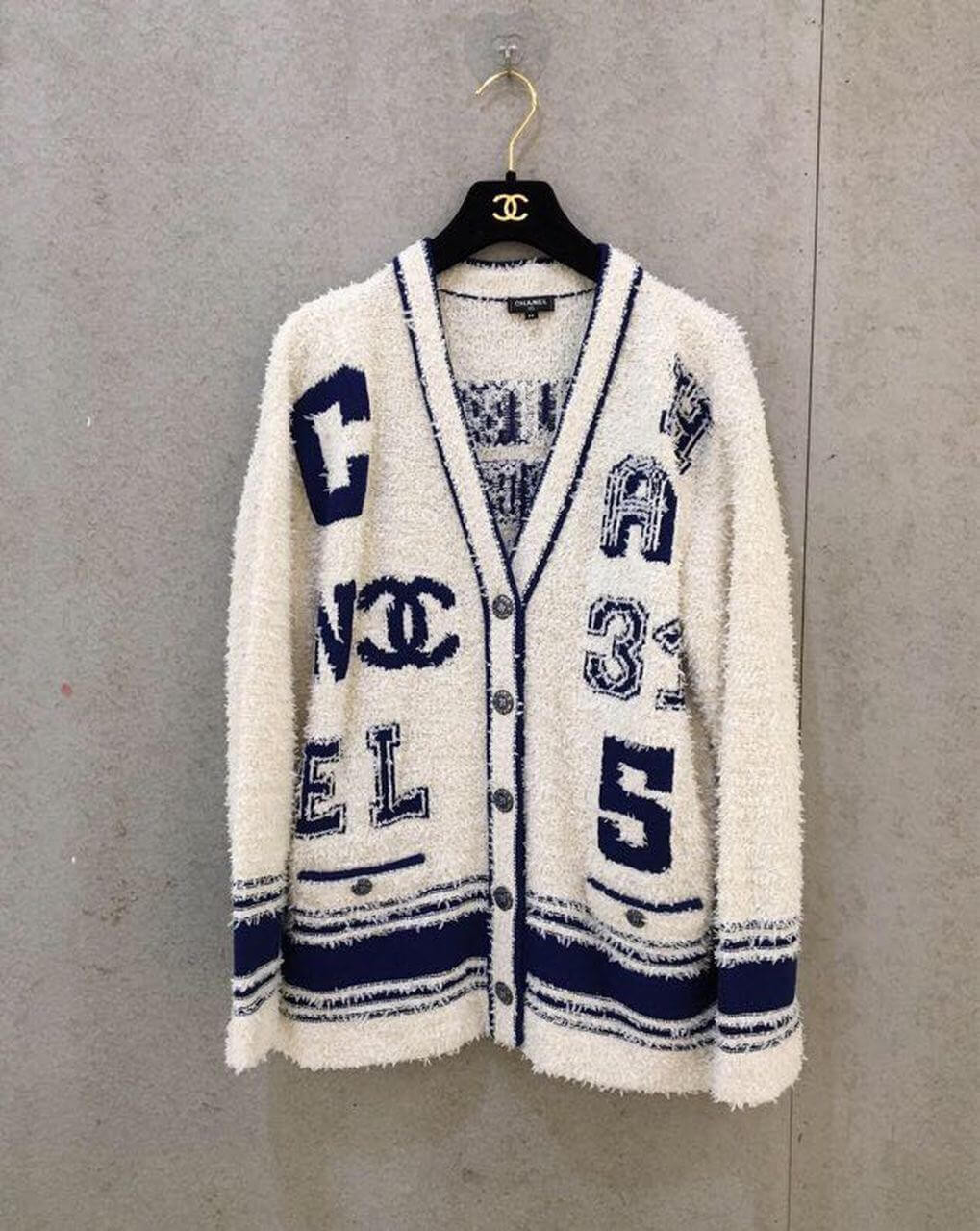 Chanel Varsity Logo iconic Oversized Wool Cashmere Cardigan C1401