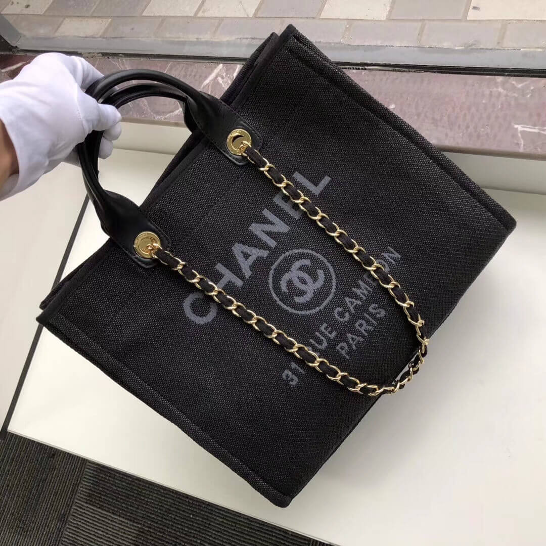 Chanel Deauville Tote 38cm Canvas Bag A66941 Black / Grey