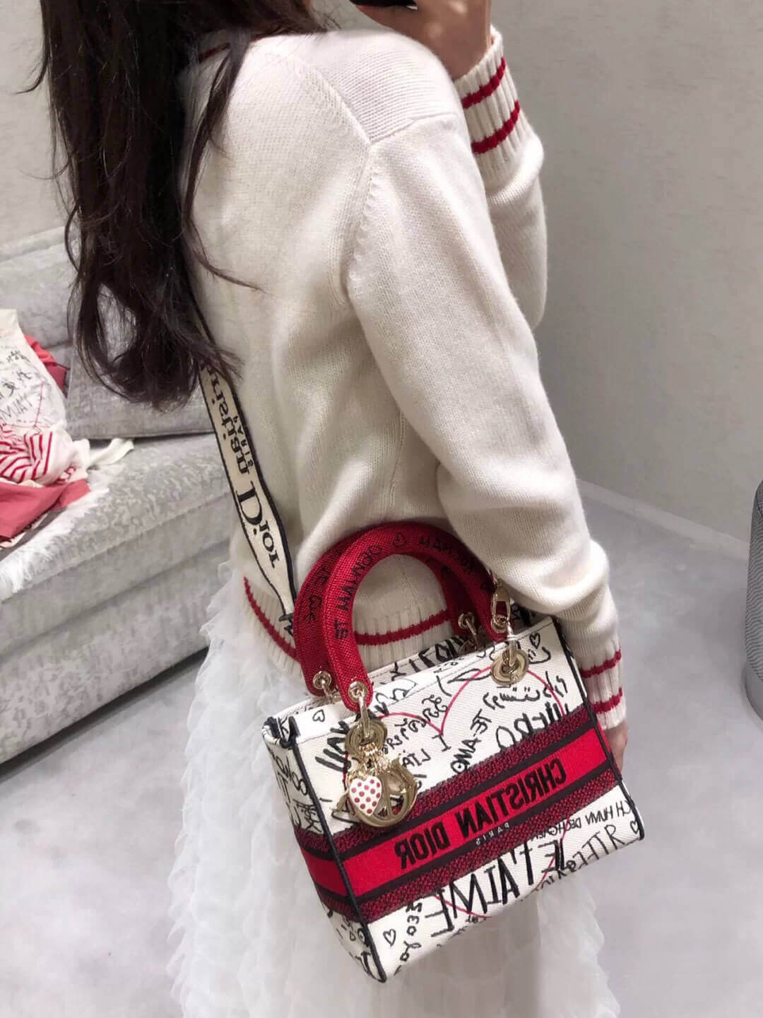 Dior Medium Lady D-Lite Dioramour Bag Latte Multicolor Dioramour Graffiti Embroidery M0565