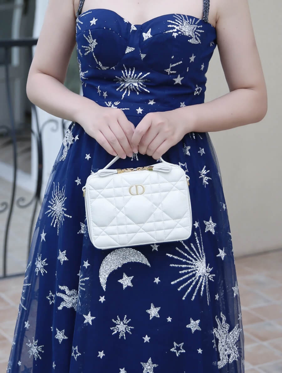 Christian Dior Caro Box Bag With Chain Latte Quilted Macrocannage Calfskin S5140