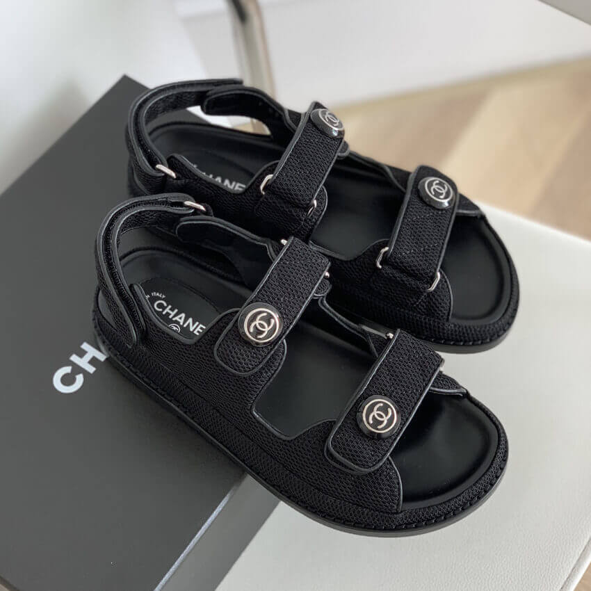 Chanel CC Button Velcro Sandals Technical Fabric/Calfskin Leather 261156