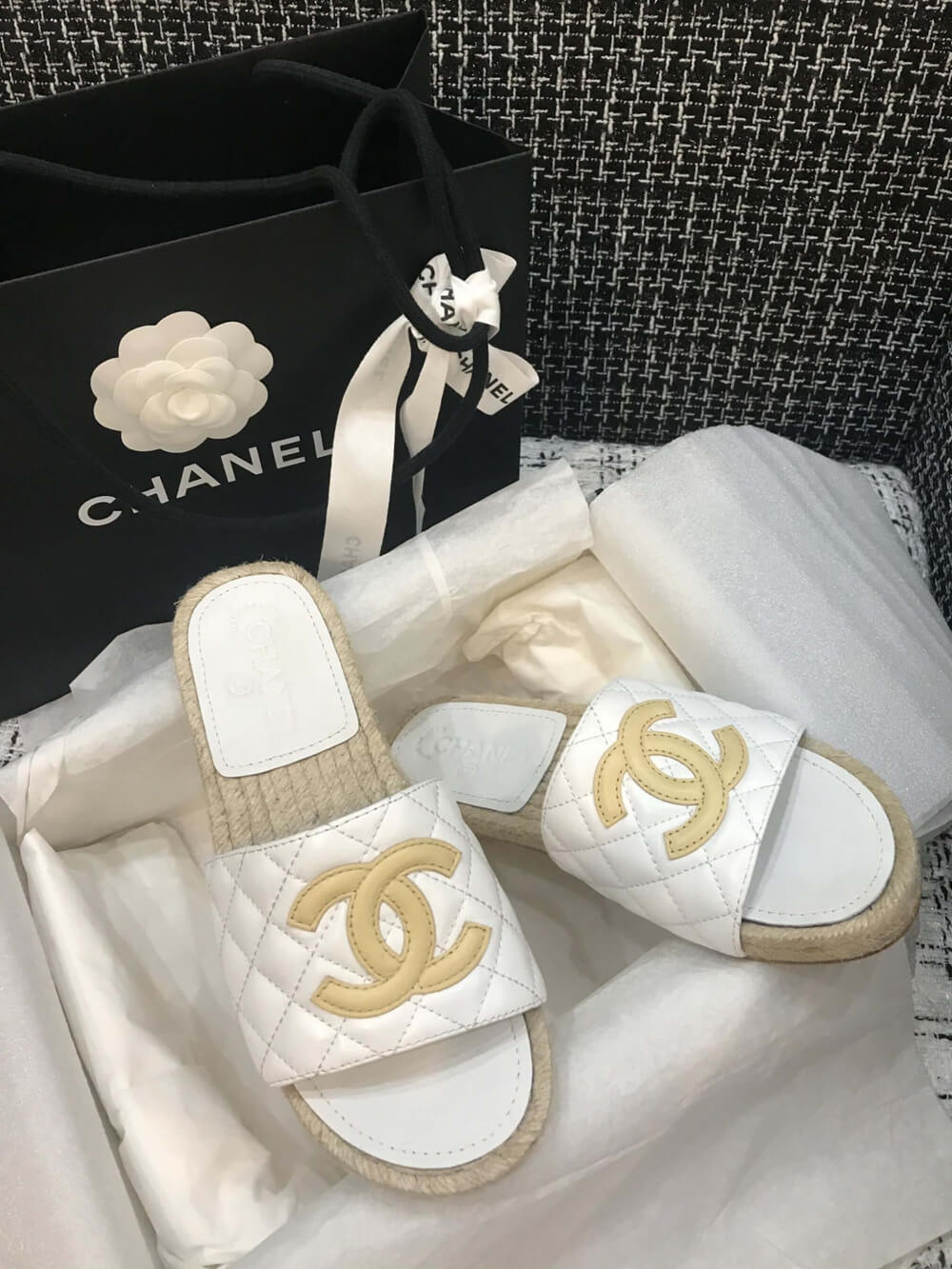 Chanel CC Quilted Mules G35604 White/Apricot