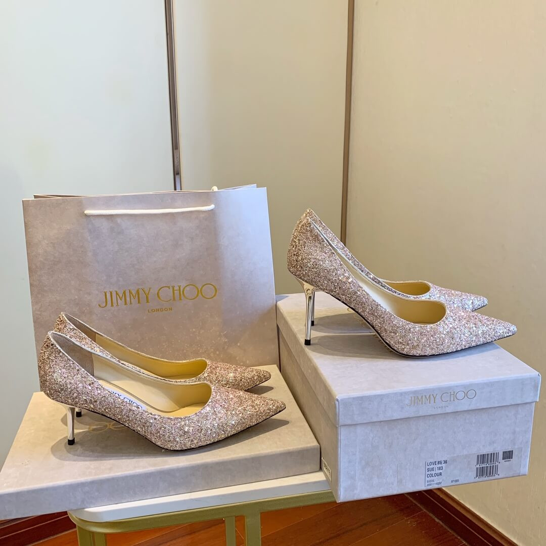 Jimmy Choo Pink Gold Romy Glitter Fabric Pointy Toe Pumps 120011
