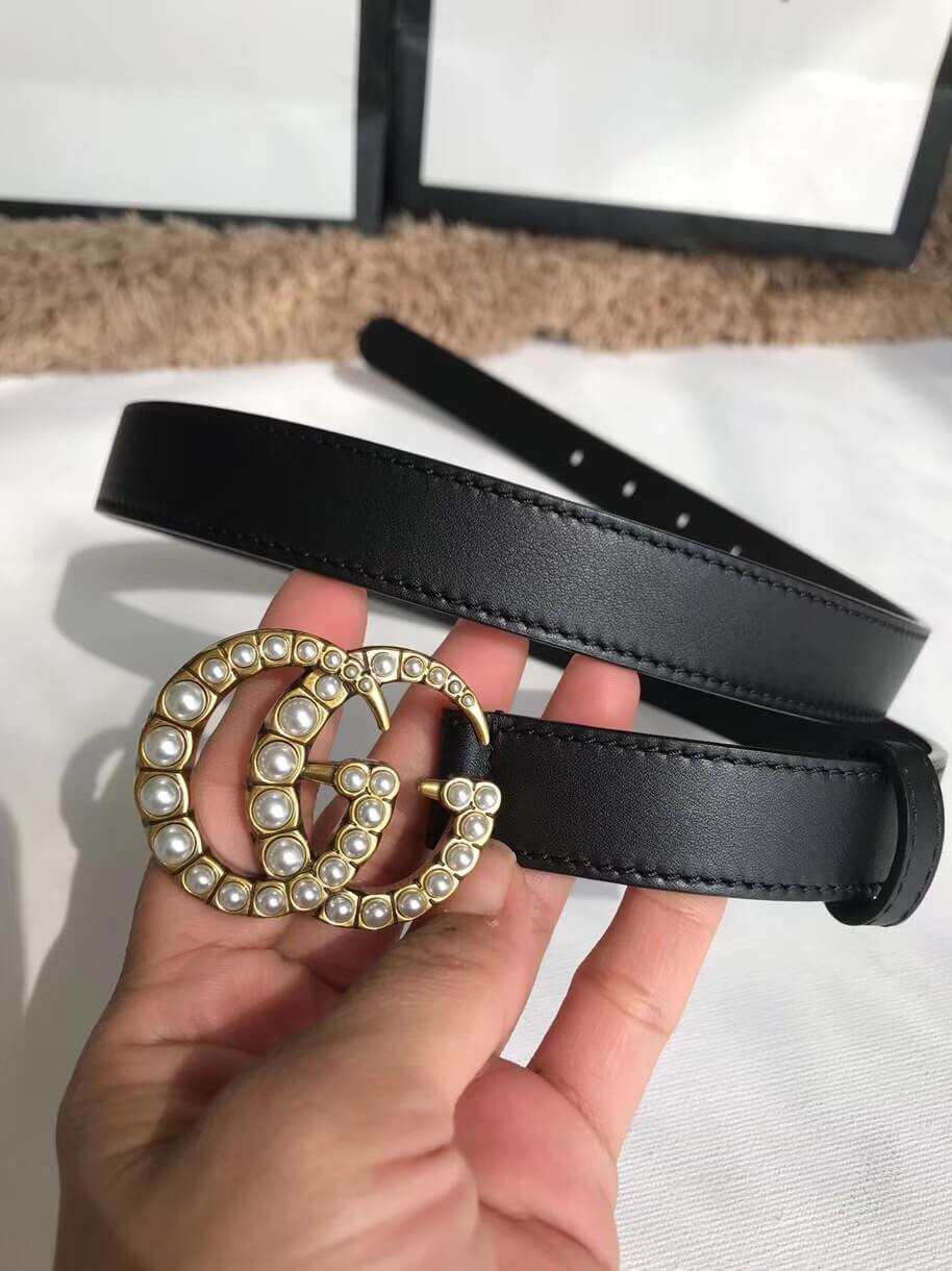 Gucci 20mm Leather Belt With Pearl Double G 453260