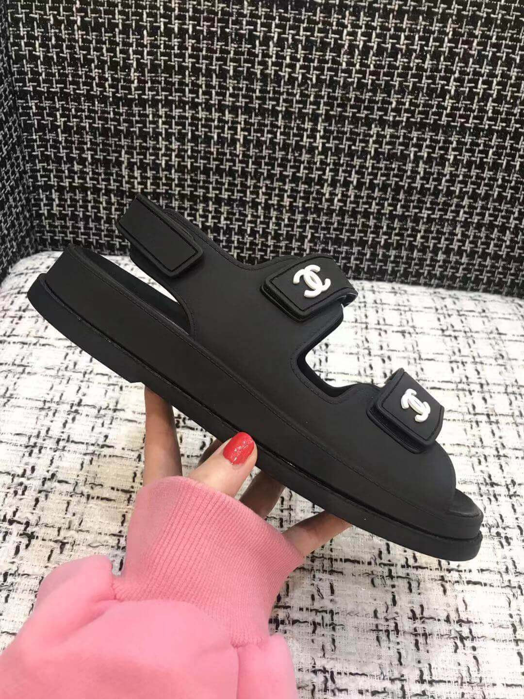 Chanel Velcro Sandals G31848 Black/Silver