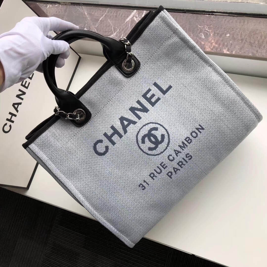 Chanel Deauville Tote 38cm Canvas Bag A66941 Light Grey/Black