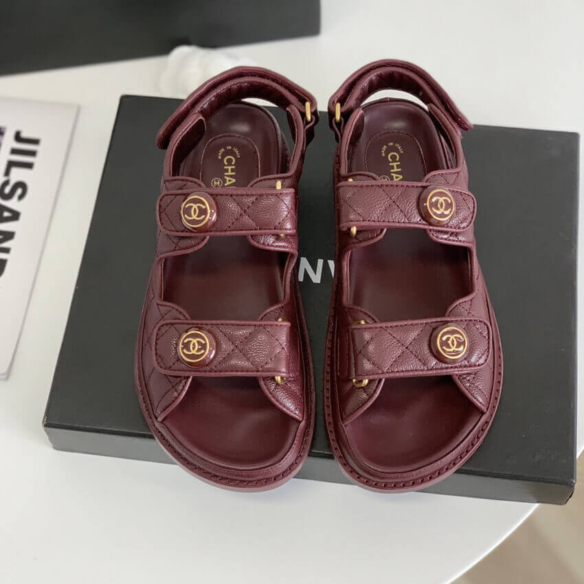 Chanel CC Button Velcro Sandals Grained Calfskin Leather 261157