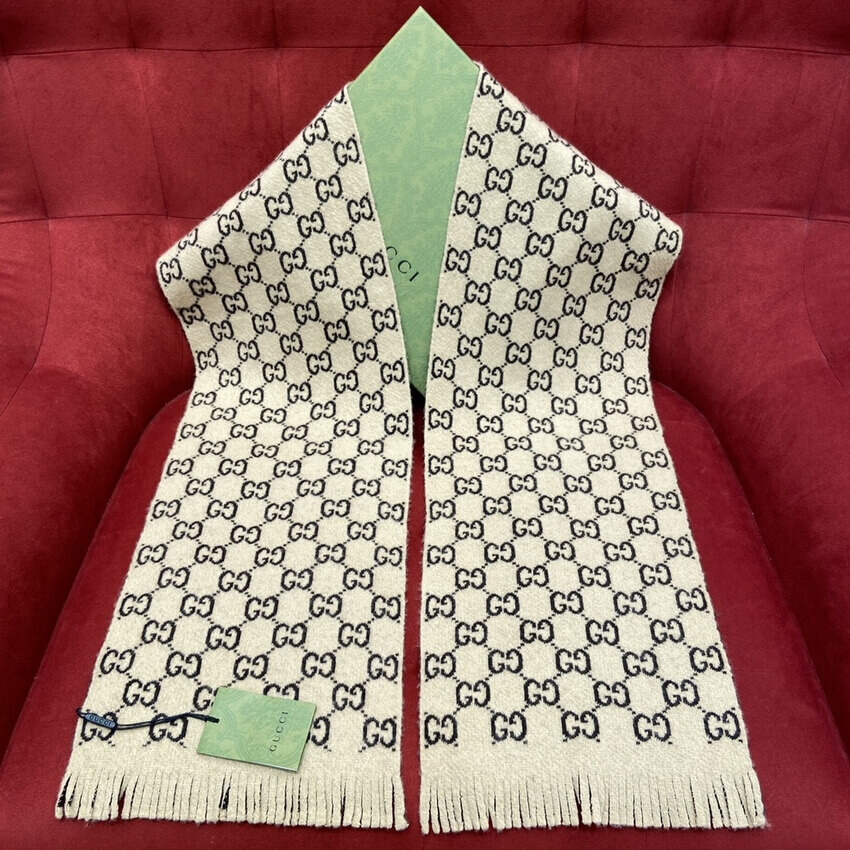 Gucci GG Jacquard Wool Silk Scarf 495592b