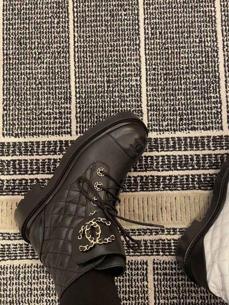 Chanel Black Quilted Gold CC Logo Chain Combat Lace Up Boots G36424