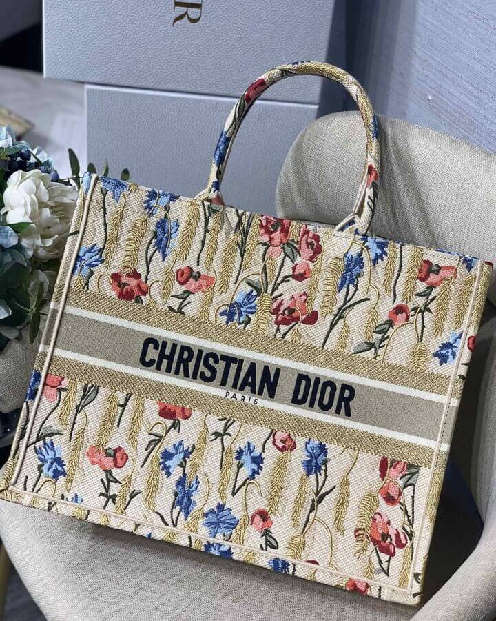 Dior Book Tote in Hibiscus Metallic Thread Embroidery M1286