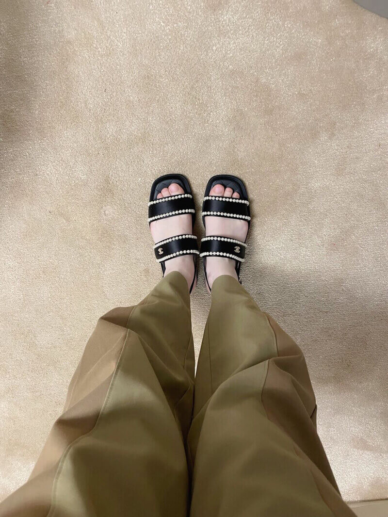 Chanel Satin & Imitation Pearls Sandals G38423 Black