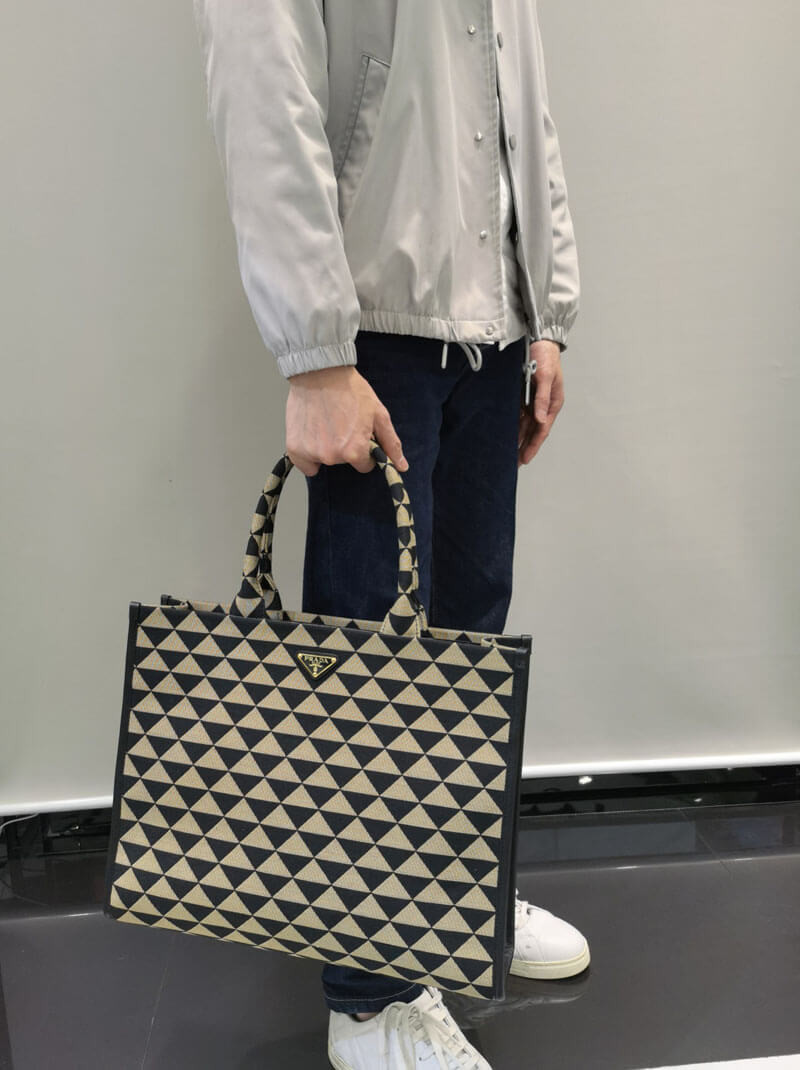 Prada Large Symbole Embroidered Fabric Handbag 1BA356 Black/Beige