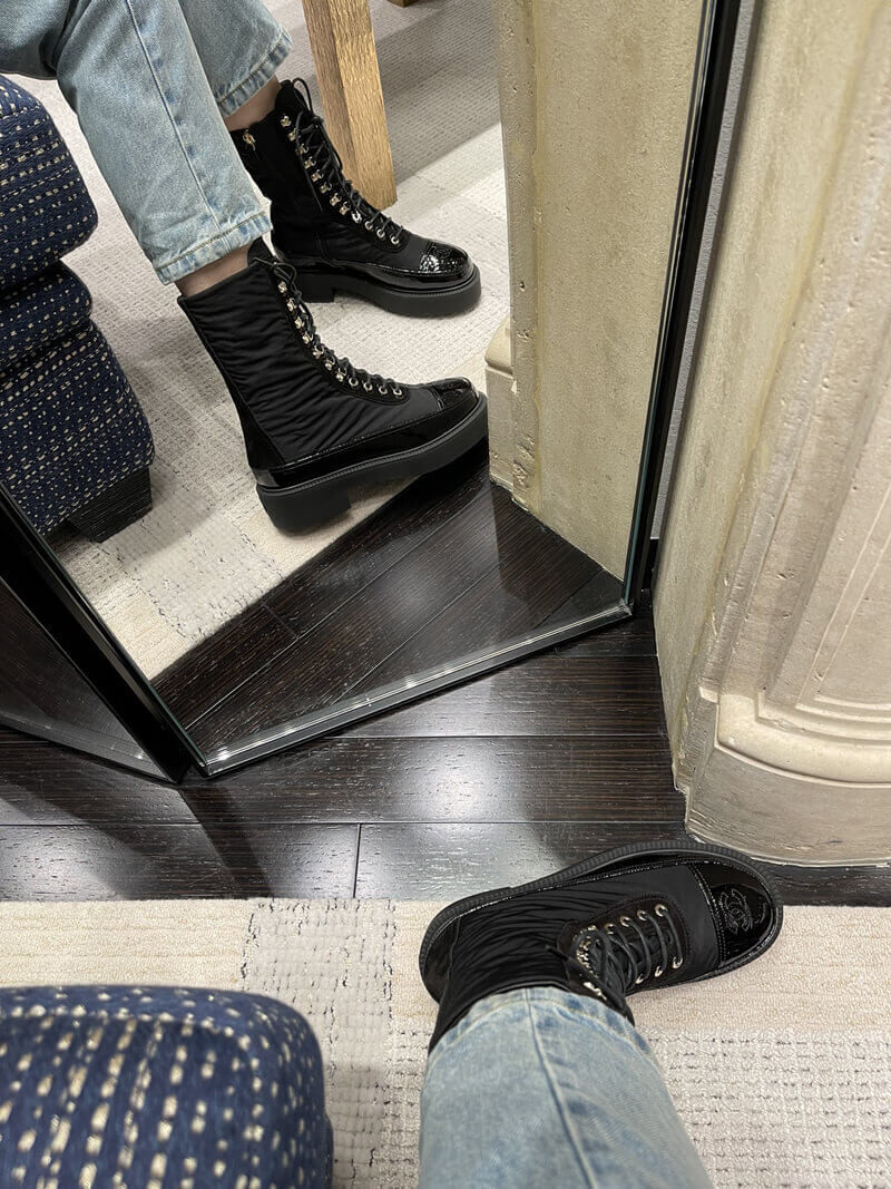 Chanel Nylon and Patent Calfskin Lace-Ups Boots G38086 Black