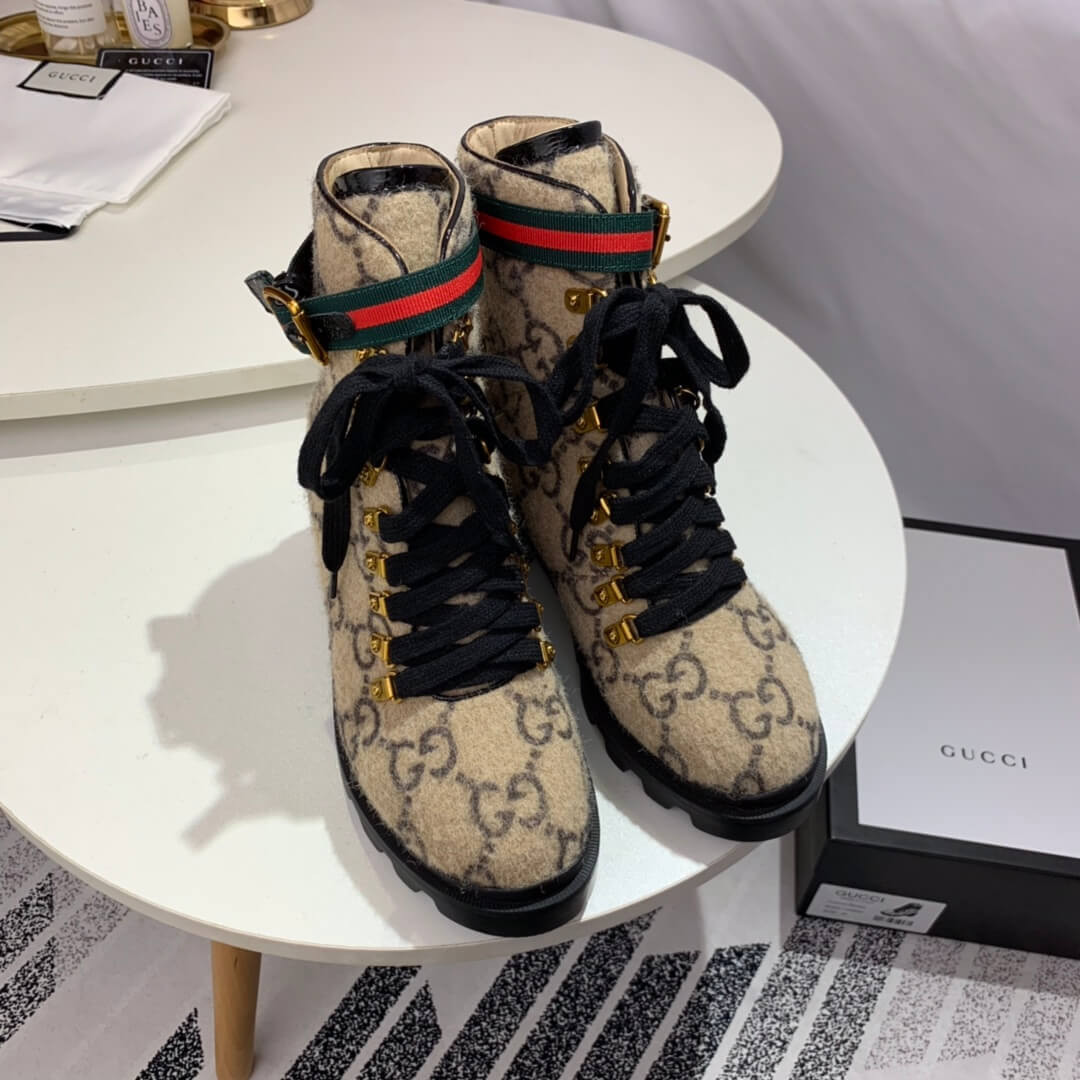 Gucci Trip GG Wool Combat Boots 583349 Beige