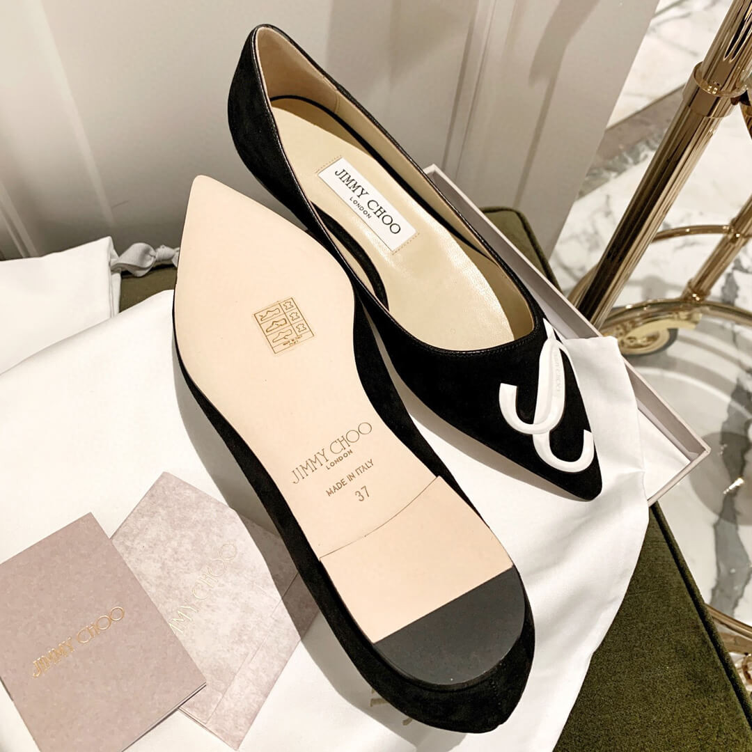 Jimmy Choo Love Flats Suede Pumps In Black and White Logo 231161