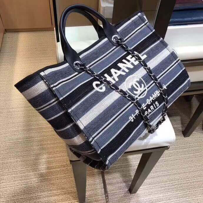Chanel Deauville Black Grey Striped Tweed Canvas Tote A66941