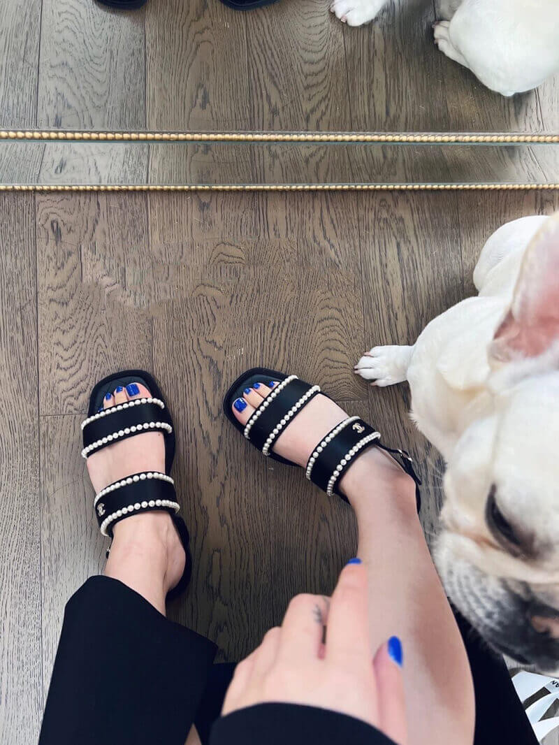 Chanel Satin & Imitation Pearls Sandals G38423 Black