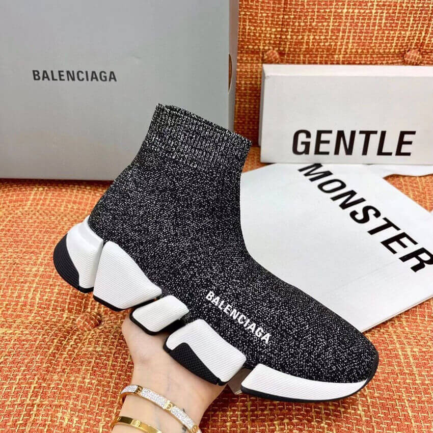 Balenciaga Speed 2.0 Knit Sock Sneakers 617239 Metallic Black/White