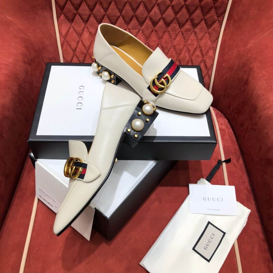 Gucci Calfskin Web Pearl Embellished Mid-Heel Loafer 423559