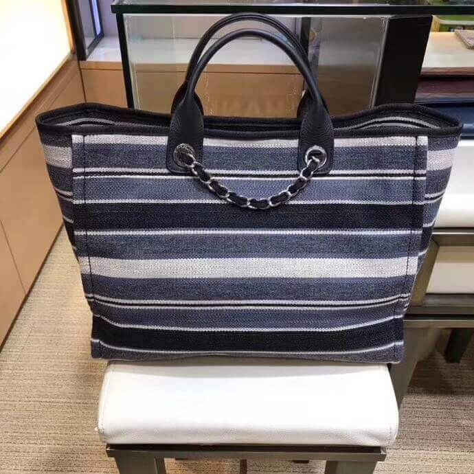 Chanel Deauville Black Grey Striped Tweed Canvas Tote A66941