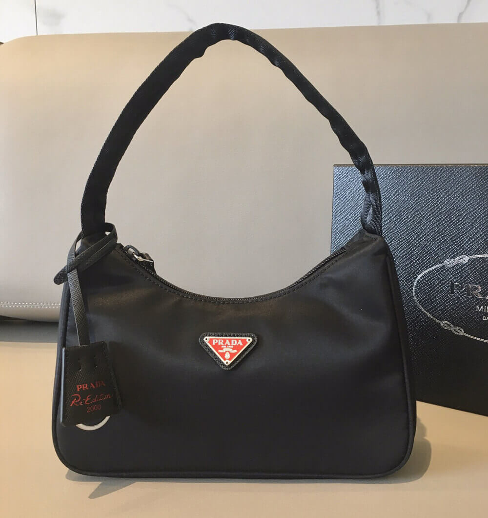 Prada Re-Edition 2000 Nylon Hobo Bag 1NE515 Black with Red Logo