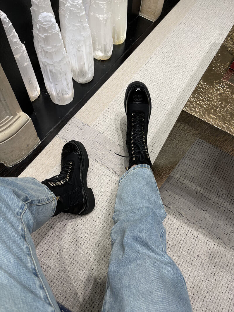 Chanel Nylon and Patent Calfskin Lace-Ups Boots G38086 Black