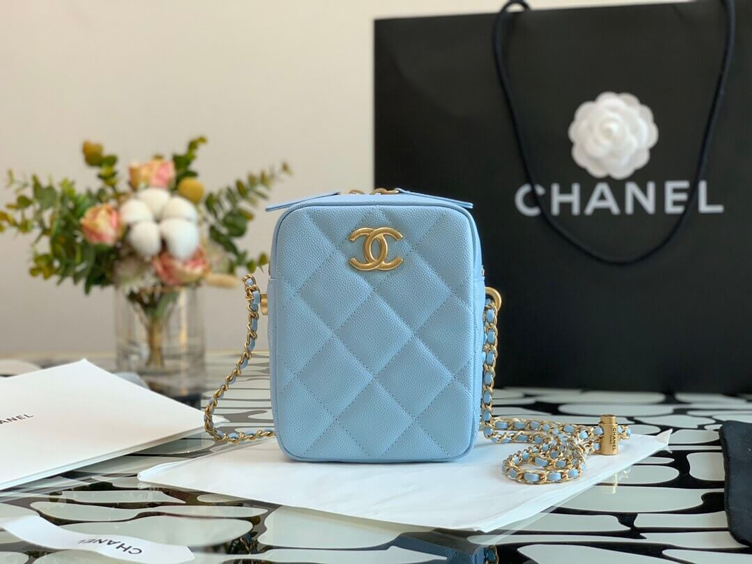 Chanel Caviar Calfskin Pearl Crush Gold Ball Phone Clutch With Chain 99098